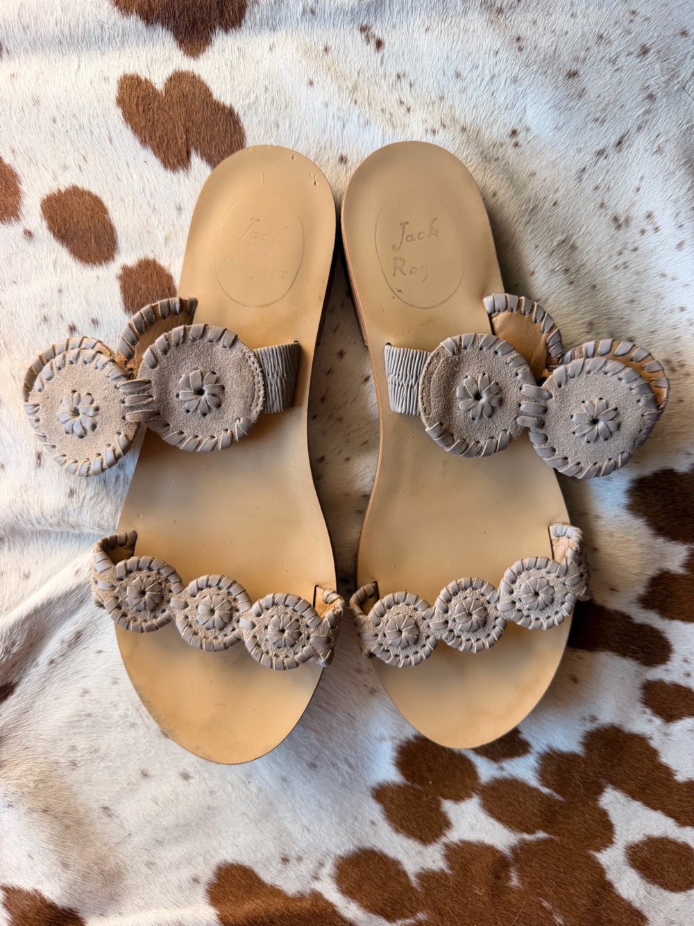 Jack Rogers Beige Suede Rosette Slide Sandals